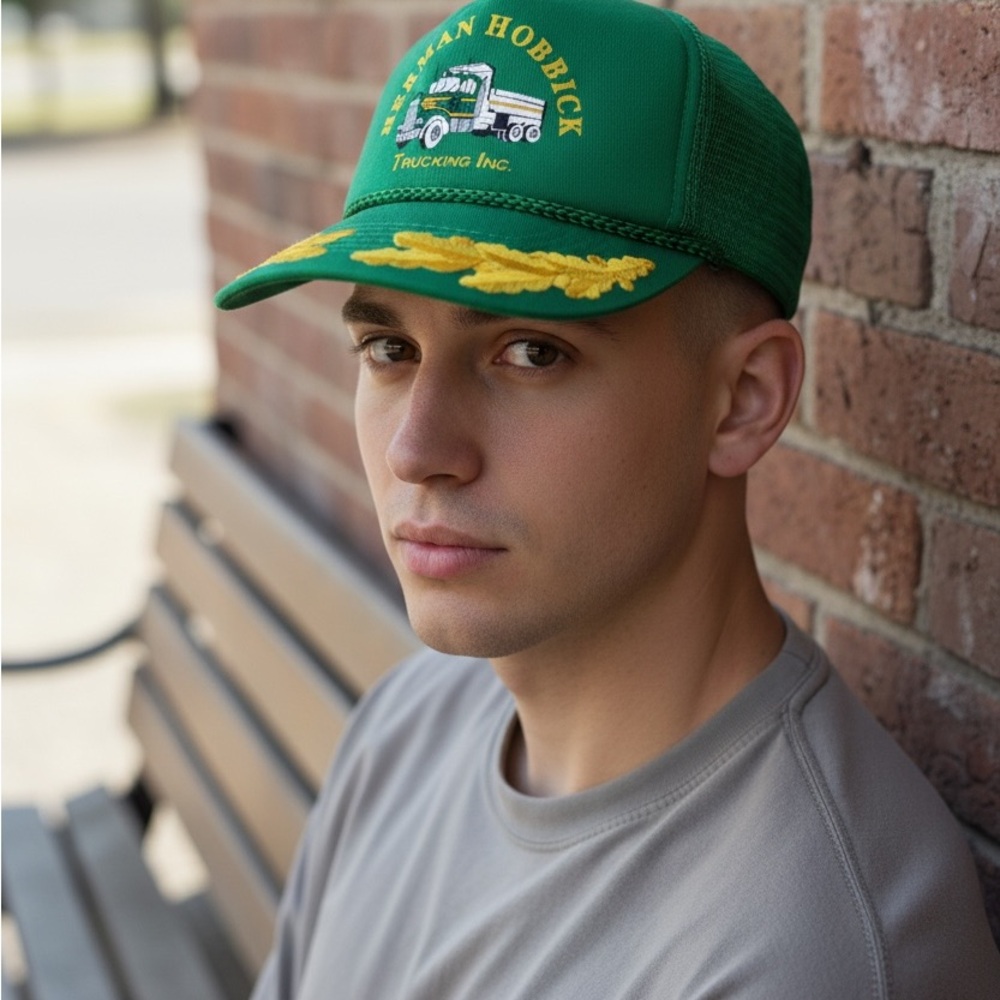 Vintage 90s Kelly Green Trucker Hat w/ Embroidered Gold Leaves & Dump Truck